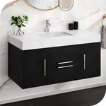 DWVO 40 Inch Black Floating Bathroom Vanity, Wall Mounted Bathroom Vanity with White Sintered Stone Countertop and Ceramic Basin Sink Bathroom Cabinet with 2 Drawers & 2 Storage Cabinets