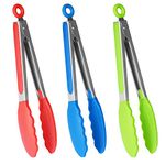 HINMAY Kitchen Silicone Tongs 9 Inch Stainless Steel Serving Food Tongs, Set of 3 (Red Blue Green)