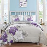 Luxudecor Purple Comforter Set King Size, Purple Floral Pattern Printed on Grey, Soft Microfiber 7 Pieces Bed in a Bag (1 Comforter, 2 Pillow Shams, 1 Flat Sheet, 1 Fitted Sheet, 2 Pillowcases)