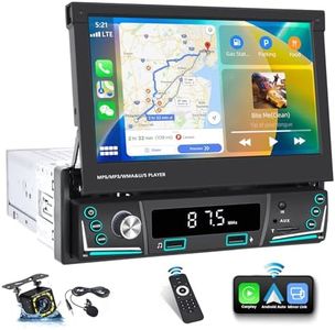 UNITOPSCI Single Din 7 Inch Flip Out Radio Wireless Apple CarPlay Touchscreen Car Stereo Android Auto Bluetooth 5.1 MP5 Player Mirror Link FM Dual USB AUX DVR+Backup Camera Mic Remote Control