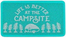 Camco Life is Better at The Campsite Scrub Rug | Ideal for Homes, Outdoors, Under Pet Bowls and More | Easy to Clean | Teal/White, Small (53199)
