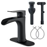 Mosson Bathroom Faucet Waterfall Brass Bathroom Sink Faucet with Pop-Up Drain & Deck Plate,Matte Black Single Handle Bathroom Faucet for Sink 1 or 3 Hole Deck Mount