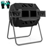 COSTWAY 160L Tumbling Composter, Garden Compost Bin with 360° Rotating Dual Chambers, Sliding Doors & Gloves, BPA-Free Compost Waste Bin Barrel, Easy and Fast Composing (160L, Black)