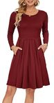 AUSELILY Women's Long Sleeve Pleated Loose Swing Casual Dress with Pockets Knee Length Wine Red