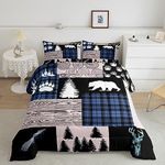 Manfei Bears Comforter Set Queen Size, Animal Paws Deer Plaid Patchwork Bedding Set 3pcs for Kids Teens Room Decor, Wild Animal Hunting Quilt Set Adventure Theme Duvet Set with 2 Pillowcases