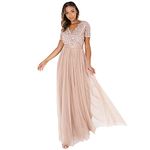 Maya Deluxe Women's Maxi Dress Ladies Bridesmaid V-Neck Ball Gown Short Sleeves Long Elegant Empire Waist Wedding, Taupe Blush, 10