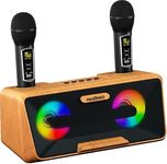 MASINGO Karaoke Machine for Adults and Kids with 2 Wireless Microphones, Portable Bluetooth Singing Speaker, Colorful LED Lights, PA System, Lyrics Display Phone Holder, and TV Cable. Presto G2 Wood