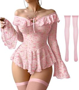 Foxiny Sheer Ruffle Long Sleeve Babydoll Lingerie Dress Pink Floral 2XL
