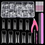 Acrylic Nail Tips and Glue, MORGLES 500 Pcs Clear Squoval Shaped Fake Nails 10 Sizes with Glues Half Cover for Nail Art Salons DIY at Home