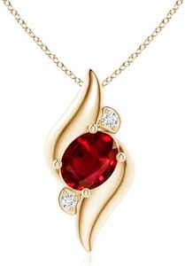 Angara Shell Style Oval Ruby and Diamond Pendant in 14K Yellow Gold