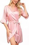 Lovasy Silk Dressing Gown for Women UK Short Ruffle Satin Robe Bride Bridesmaid Robe Soft Silk Robe Satin Dressing Gown Summer Kimono Dressing Gowns V-Neck Satin Silky Bathrobe,Pink,S