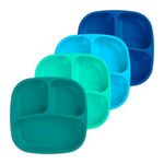 Re-Play 4pk - 7.37inch Divided Plates with Deep Sides for Baby, Toddler & Child Feeding in Aqua, Sky, Navy & Teal | BPA Free | Made in USA from Eco Friendly Recycled Milk Jugs | (True Blue 4pk)