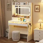 GarveeHome Vanity Desk with Mirror and Lights, Small Makeup Vanity Desk with Power Outlet＆Glass Top, 3 Lighting Modes Brightness Adjustable, Bedroom Dressing Table with 7 Color Light Drawers, White