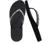 KuaiLu Women's Rhinestone Flip Flops with Comfort Arch Support Yoga Mat Cushion Sandals Fashion Summer Beach Pool Travel Orthotic Walking Thong Sandles Slip on Plantar Fasciitis Black 5