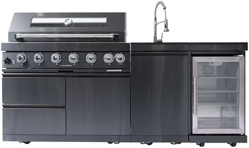 85" Outdoor Grill,Outdoor Kitchen Island,6-Burner 85000 BTU Propane Stainless Steel BBQ with Side/Rear Burners, With Refrigerator and Sink, Rotisserie, Granite Countertops, Storage(Black)