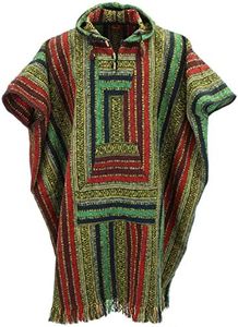 LOUDelephant Brushed Cotton Long Hooded Poncho Gheri Mexican Style Hoody, Red, Green & Navy, One Size