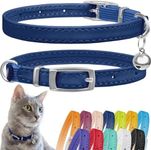 CollarDirect Leather Cat Collar with Elastic Safety Strap and Bell for Boy, Girl, Kitten (Neck Fit 9"-11", Navy Blue)