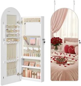 SONGMICS Wide Jewelry Organizer, LED Jewelry Cabinet Wall/Door Mounted, Arched Mirror with Storage, Lockable, Rounded Corner, Interior Mirror, 3.9 x 16.5 x 42.5 Inches, Cloud White UJJC020W01