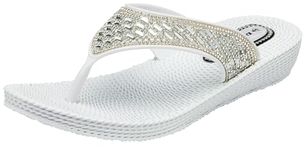 DUNLOP Womens Summer Sandals Sparkly Comfort Low Wedge Casual Diamante Occasion Flip Flops (White, UK Footwear Size System, Adult, Women, Numeric, Medium, 7)