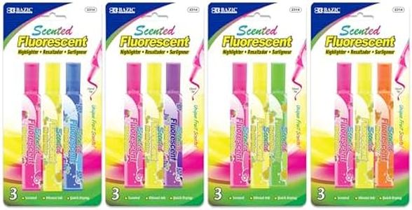 BAZIC Products Fruit Scented Highlighters – Chisel Broad Line Fine Point Highlighters for Kids, Assorted Color Highlighter for School, and Study Use, Smooth Marking, (3/Pack), 4-Packs