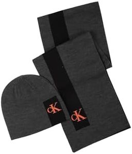 Calvin Klein mens Enclosed Silicone Ck Monogram Beanie and Scarf Set, Gunmetal Heather, One Size