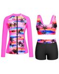 Holipick Women 3 Piece Rash Guard with Built in Bra Long Sleeve Swimsuit with Shorts Zipper SPF Swim Shirts, Pink Palm Tree, X-Large