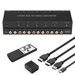 4Port AV to HDMI Converter, RCA/Composite/CVBS to HDMI Adapter Support 16:9/4:3 Switch Compatible with Wii/N64/PS1/PS2/PS3/VHS/VCR/DVD Players etc (4Port RCA in to 1 HDMI Converter with IR Remote)