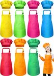 Kids Aprons with Pockets, 8 PCS Kitchen Aprons and 8 Pcs Chef Hats, Adjustable Children Aprons Kitchen Outfits for Boy and Girl Cooking Baking Painting School Birthday Themed Party-8 Colors