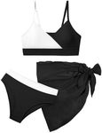 ADIFUN Girls Swimsuit Size 11 Size 12 V Neck Adjustable Straps Black Bikini Set Color Block with Cover Up Skirt 3Pcs Bathing Suits for Teen Girls Size 12-14