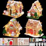 Fovths 4 Sets DIY Christmas Gingerbread House Kit with Lights Cardboard Christmas Craft Kit Gingerbread House Decor Make a Gingerbread House for Christmas Party Games DIY Home Decor (Fence Style)