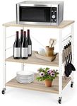 Giantex 3-Layer Kitchen Bakers' Rack Microwave Stand, Kitchen Rolling Cart with 4 Universal Wheels and 10 Removable Hooks, Coffee Cart Shelf Organizer for Kitchen, Living Room, Entryway (Natural)