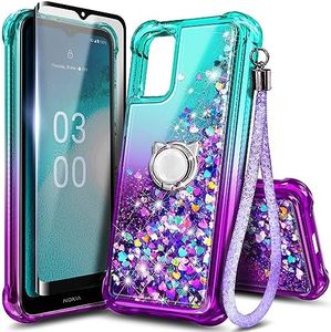 NZND Compatible with Nokia C300 (N155DL) Case, Nokia G100 (N150DL) with Tempered Glass Screen Protector, Ring Holder/Wrist Strap, Glitter Liquid Floating Waterfall Cute Phone Case (Aqua/Purple)