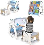Maxmass 3-in-1 Kids Art Easel and Stool, Dual-Sided Children Painting Board with Book Rack, 2 Storage Baskets, Pen Container, Eraser & 4 Markers, Standing Toddler Drawing Easel for Boys Girls (Blue)