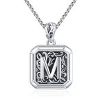 XIXLES Initial Necklaces for Men, 925 Sterling Silver Vintage Letter M Pendant Necklace,Unisex Square Retro Initial Medal Necklace Graduation Jewelry Gifts for Boyfriend Dad