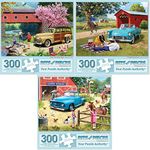 Bits and Pieces - Value Set of Three (3) 300 Piece Jigsaw Puzzles for Adults - Measure 18" x 24" (46cm x 61cm) Each - 300 pc Favorite Spot, T Bird Summer, A Stop at The Stables Jigsaws by Kevin Walsh