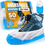 50 Overshoes Shoe Covers Boot Protectors, by H&S, Premium, 9 Grams Extra Strong, Thick Anti-Slip Sole Liquid-Proof, Frustration-Free, Disposable (Pack of 50 Overshoes, blue-white)