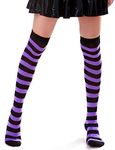 Women’s Extra Long Striped Socks Over Knee High Opaque Stockings (Black & Purple)