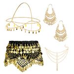 Kakonia 4 Sets Women Belly Dance Accessories,Belly Dance Hip Scarf Wrap Belt,Bohemian Gold Coin Drop Earrings Headpiece Small Coins Hair Chain Tassel Anklet Bracelet for Women