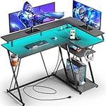 SEVEN WARRIOR L Shaped Gaming Desk with LED Lights & Power Outlets, 47” Reversible Corner Desk with Storage Shelf, Computer Desk with Monitor Stand, Gaming Table with Cup Holder, with Hooks, Black