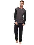 INSIGNIA Mens Pyjama Set Long Sleeve Top & Pants Cotton Pjs (Charcoal_Black, Small)