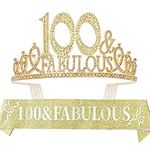 100th Birthday Sash and Tiara for Women - Fabulous Glitter Sash + Fabulous Rhinestone Gold Premium Metal Tiara for Her, 100th Birthday Gifts for 100 Celebration