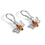 Honey Bee Bumblebee Drop Earrings in 925 Silver and Baltic Cognac Amber with Gift Box