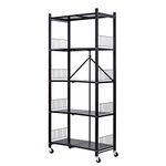 Foldable Storage Shelves Unit, 5-Tier Folding Shelf Shelving Rack Organizer Cart with Rolling Wheels for Temporary or Mobile Storage in Kitchen Warehouse Patio Pantry Basement (Black, 5-Tier)