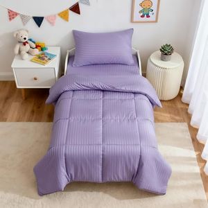 ZPECC Toddler Bedding Set - 4 Piece Soft Crib Bedding Set for Boys and Girls, Includes Toddler Comforter Flat Sheet Fitted Sheet and Pillowcase, Purple Stripe