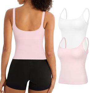 Missclub Womens Workout Tank Tops Ribbed Seamless Crop Top Built in Bra