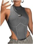 SweatyRocks Women's ICON Letter Patched Detail Sleeveless Body Suits High Cut Skinny Tank Bodysuit Grey Large