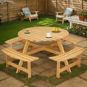 CKEASEAN 8 Person Wood Picnic Table, Outdoor Round Picnic Table with 4 Built-in Benches, Umbrella Hole, Outside Table and Bench Set for Patio, Backyard, 500lbs Capacity Per Bench (8 Person, Nature)