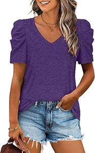 LCXWFE Womens Casual V Neck T Shirt Puff Sleeve Tops Ruched Elegant Summer Shirts
