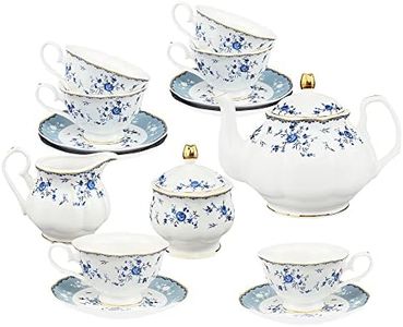 fanquare 21 Piece Floral Porcelain Tea Set, British Tea Cup and Saucer Set for 6, Tea Party Set for Women, Blue Roses