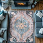 8x10 Boho Large Area Rugs Machine Washable Non Slip Rug Stain Resistant Vintage Low Pile Foldable Rug for Bedroom Living Room Dining Room(Teal/Multi,8x10ft)